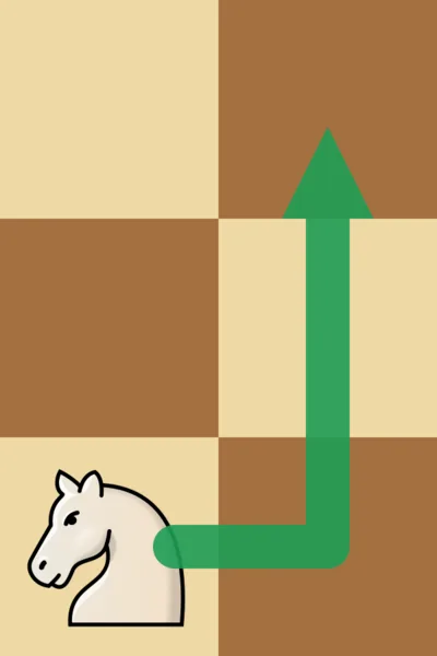 Knight move in an L: one square to the right and two up, green arrow from the knight
