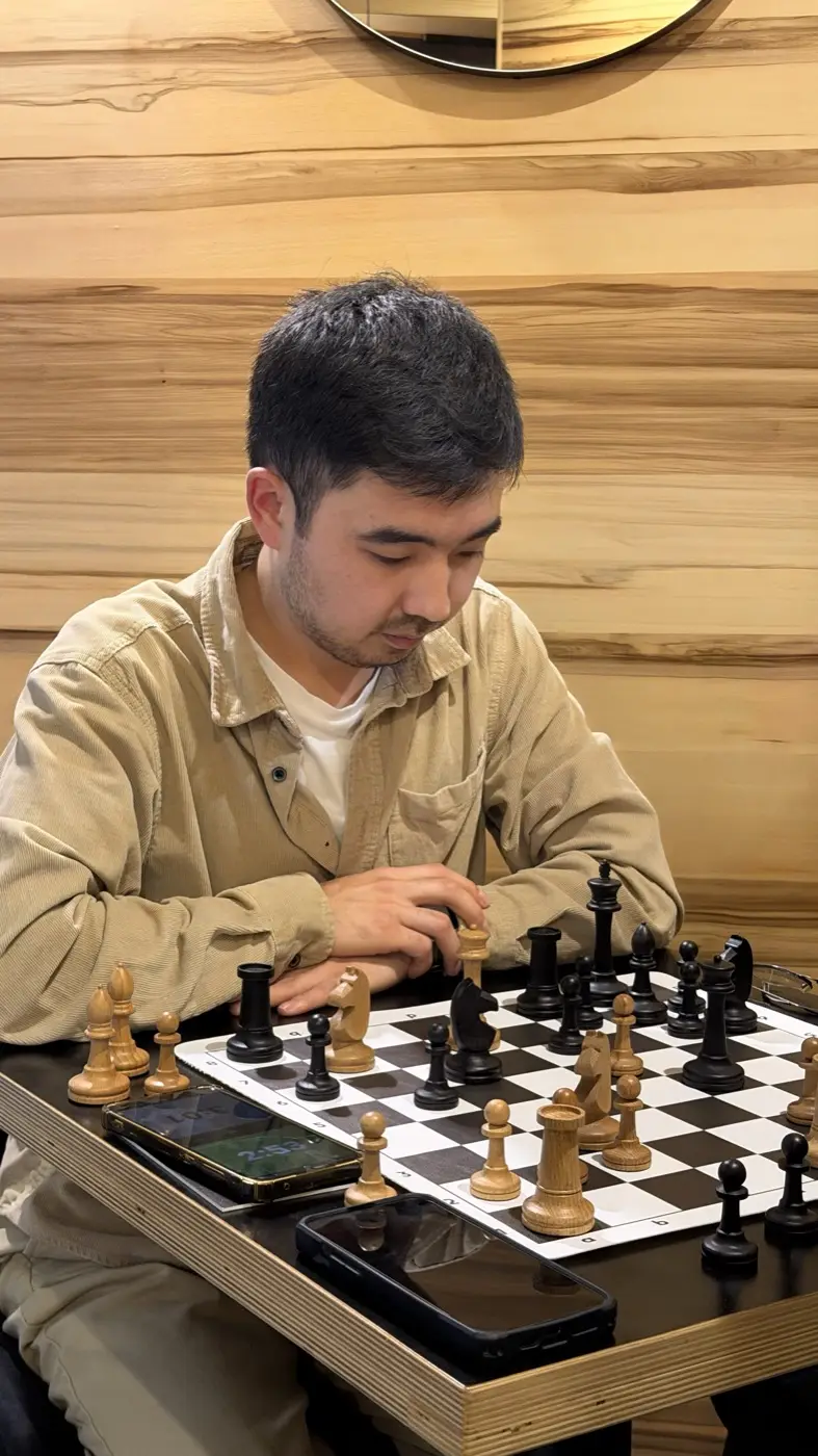 A player thinking over a move, a phone with a chess clock beside the board
