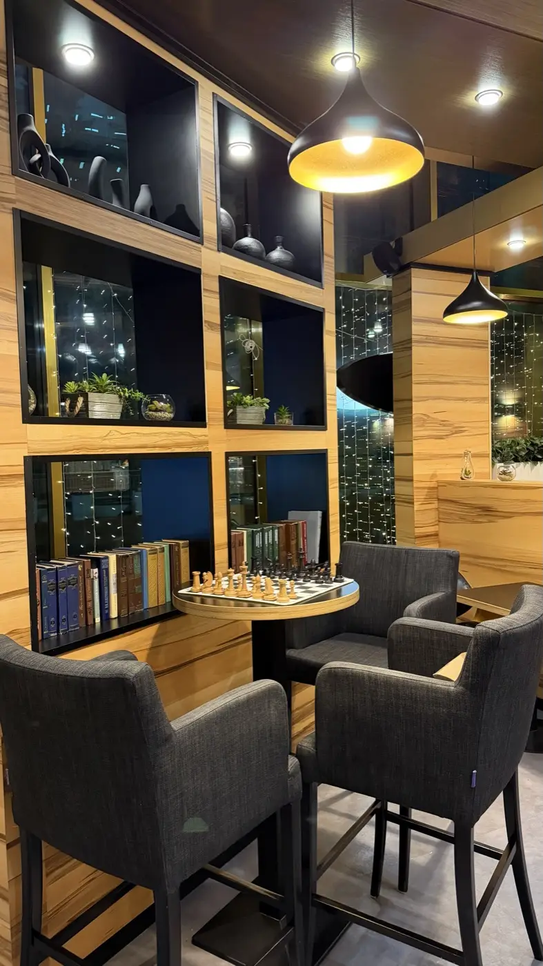 A high table with a chessboard under a pendant lamp, armchairs beside it