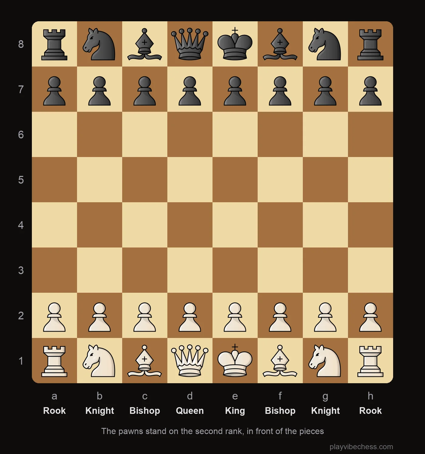Chess board setup: the starting position with the piece names - rook, knight, bishop, queen, king