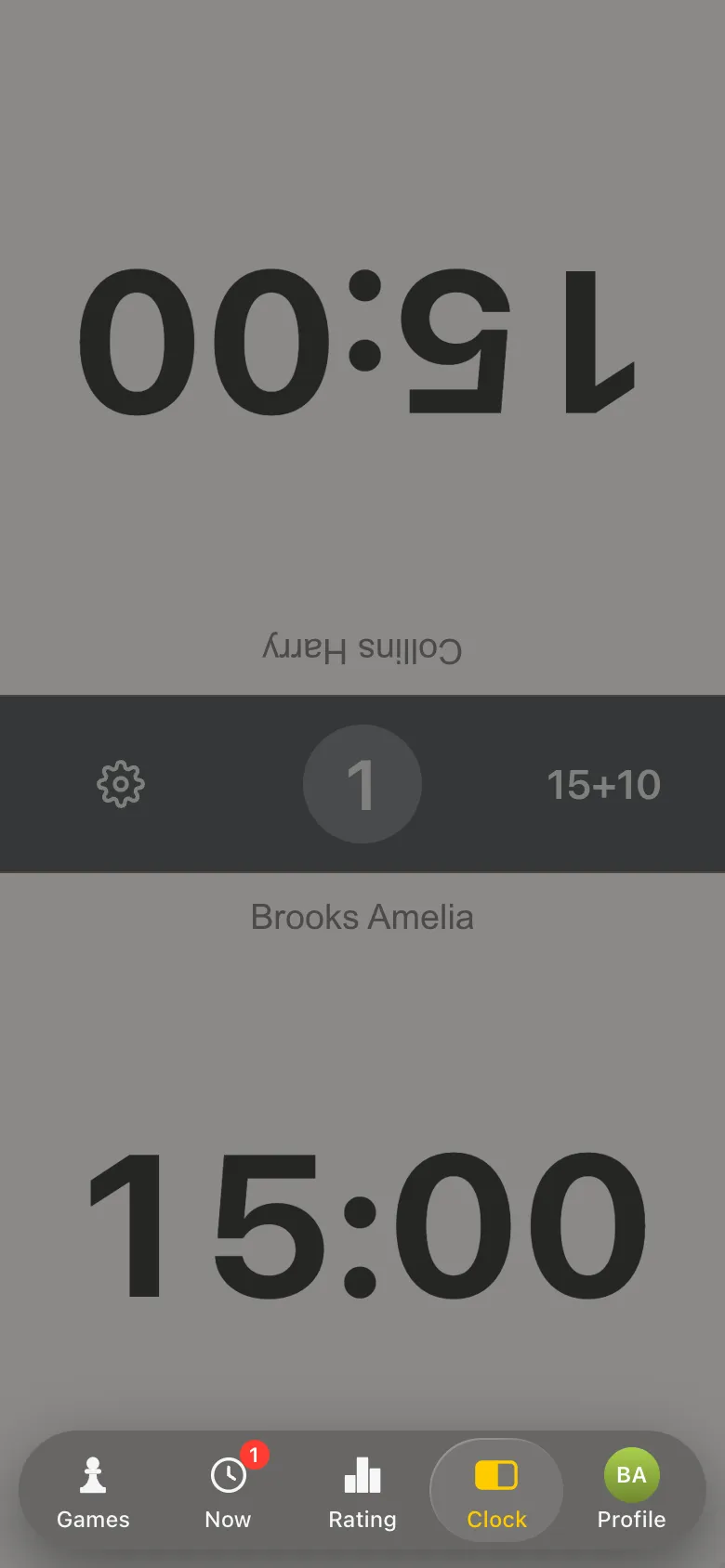 Chess clock on the phone: 15:00 for each player, time control 15+10, the names Collins Harry and Brooks Amelia