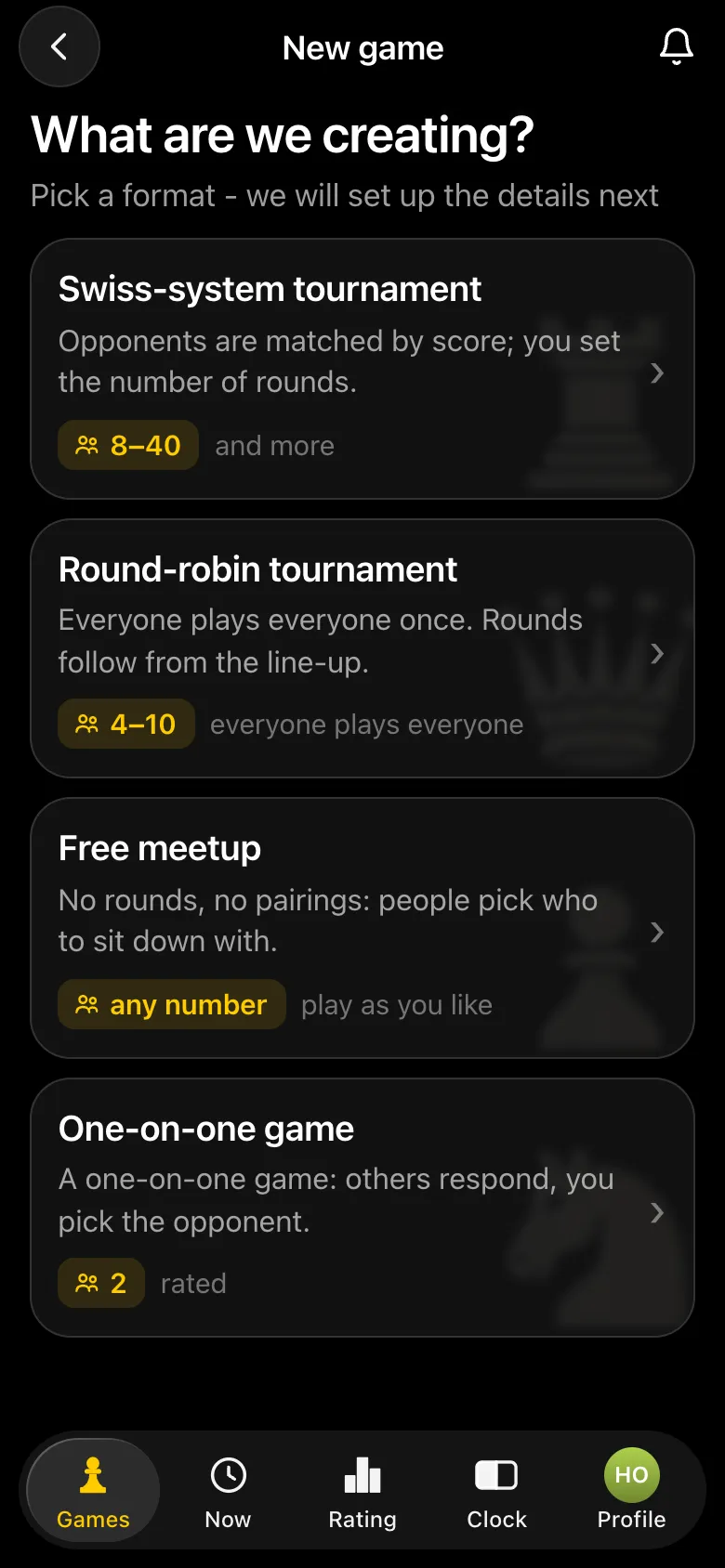 "What are we creating?" screen: Swiss-system tournament, Round-robin tournament, Free meetup and One-on-one game