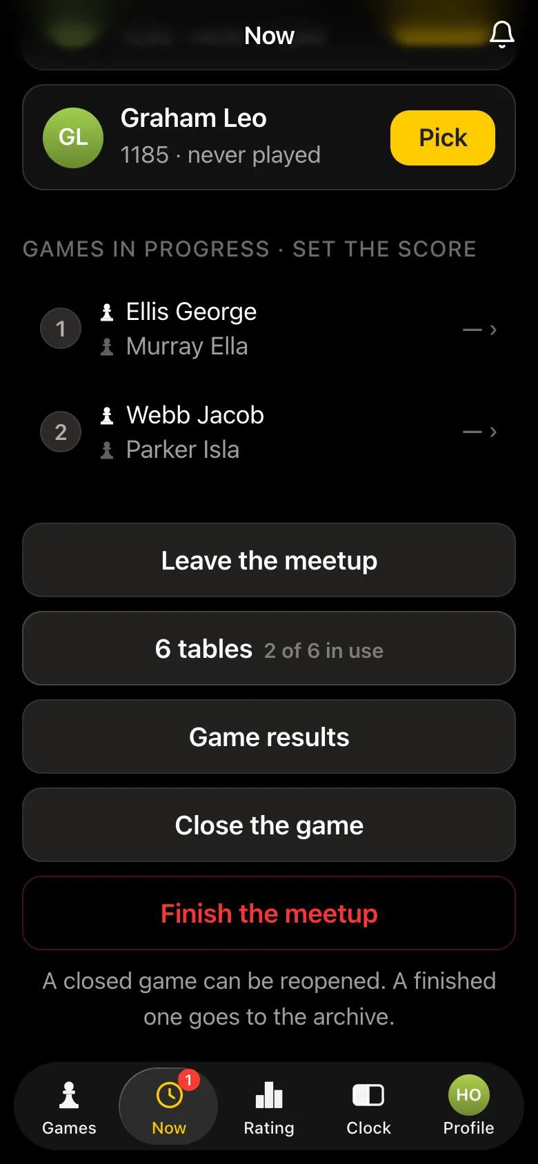 Organiser's screen: "Games in progress · set the score" with two tables, "Leave the meetup", "6 tables · 2 of 6 in use", buttons "Game results", "Close the game", "Finish the meetup"