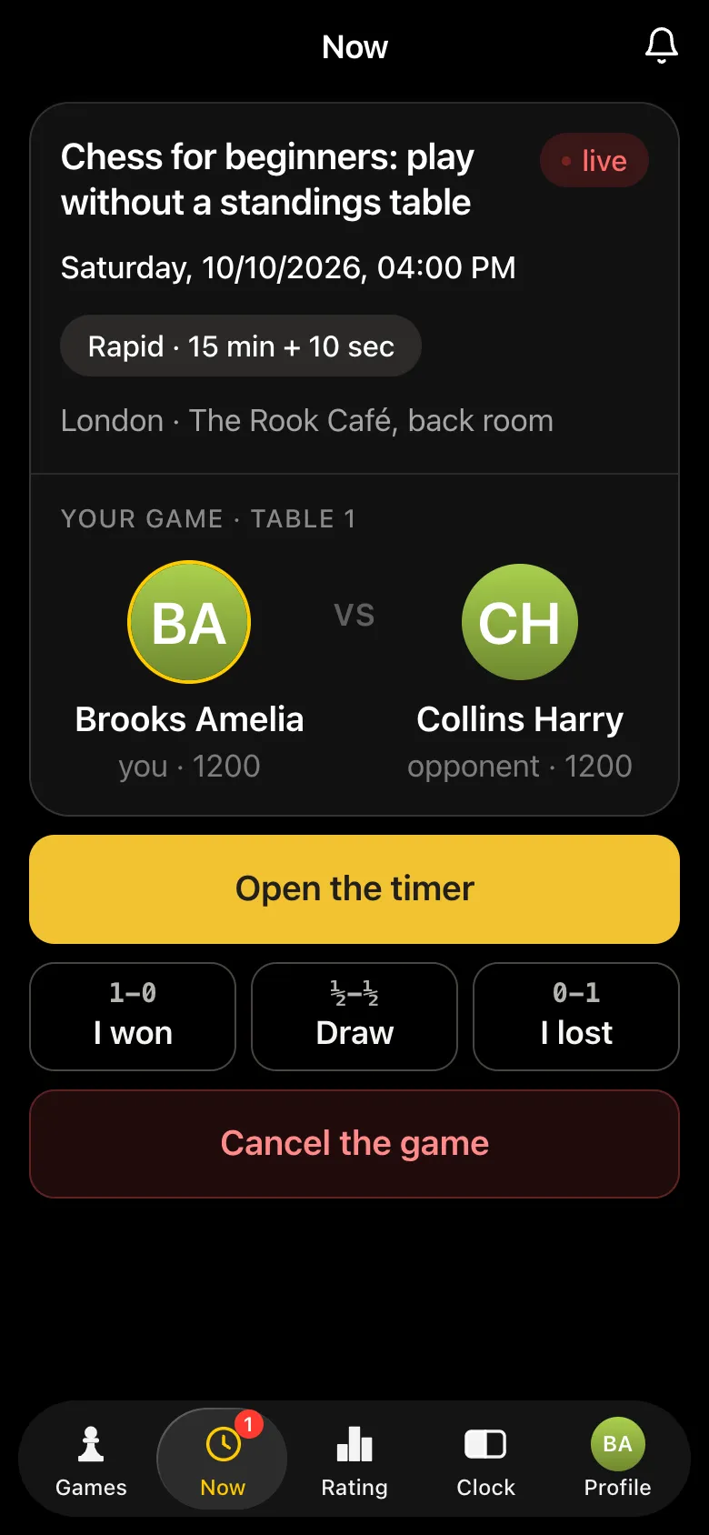 Game screen "Your game · Table 1": Brooks Amelia against Collins Harry, buttons "Open the timer", "I won", "Draw", "I lost" and "Cancel the game"