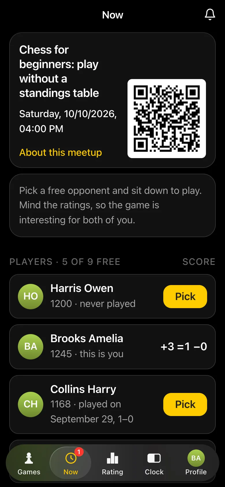 Meetup screen mid-evening: Brooks Amelia on 1245 with a score of +3 =1 −0, the other players with their ratings and history such as "played on September 29, 1–0", two pairs at tables