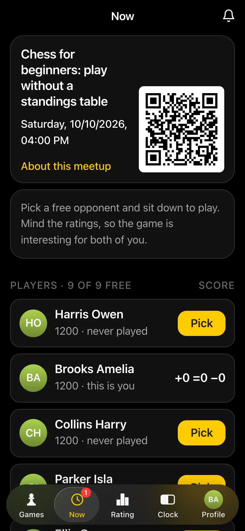 Meetup screen for a beginner at The Rook Café: QR code, the hint to pick an opponent by rating, a list of players with "Pick" buttons
