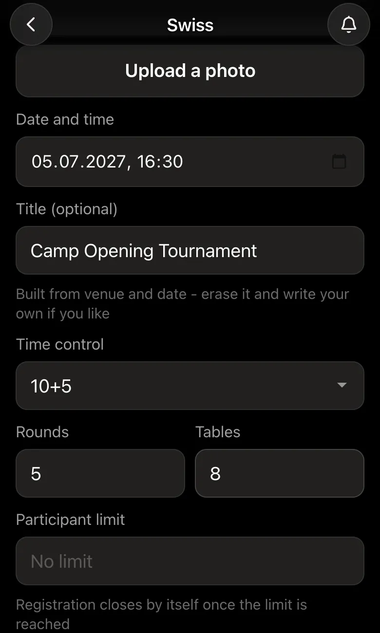 Tournament form: date 05.07.2027, 16:30, Camp Opening Tournament, 10+5 rapid, 5 rounds, 8 tables