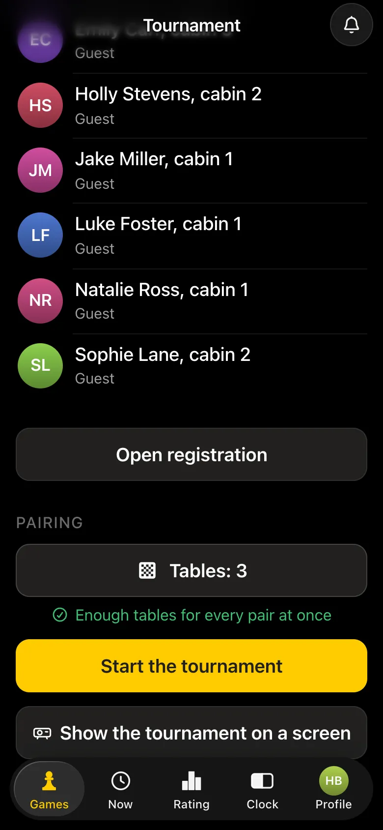 Rainy Day round robin: six children from the list, 3 tables, Enough tables for every pair at once