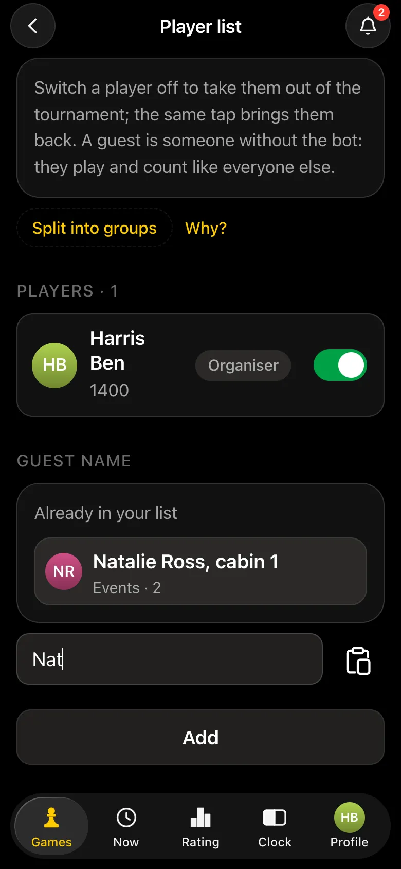 Hint while typing Nat: Already in your list - Natalie Ross, cabin 1, Events · 2