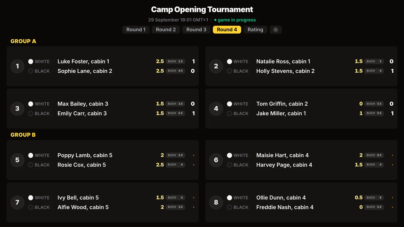 Screen on the porch: round four pairings in groups A and B, only the children's names with their cabin, no photos