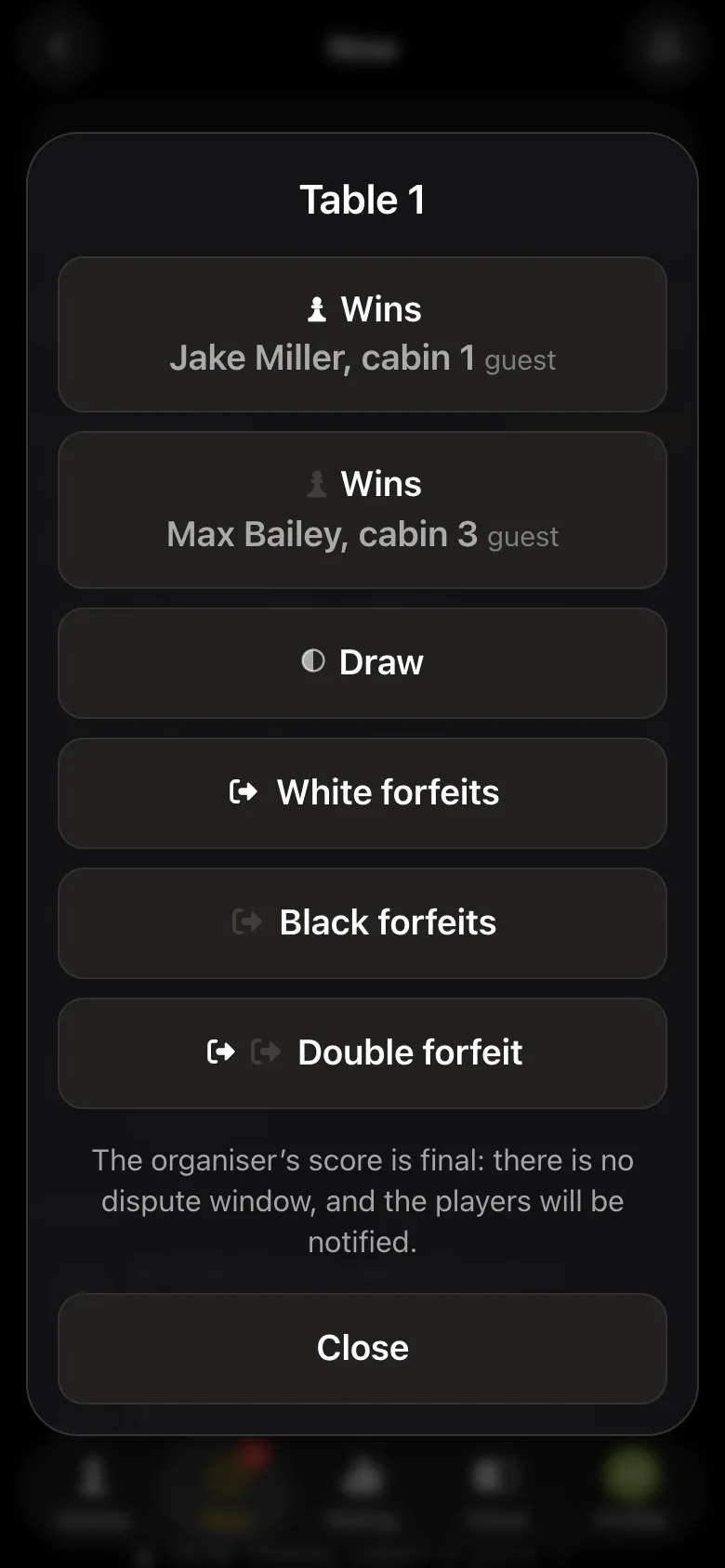 Result window for table 1: Jake Miller wins, Max Bailey wins, draw, forfeits