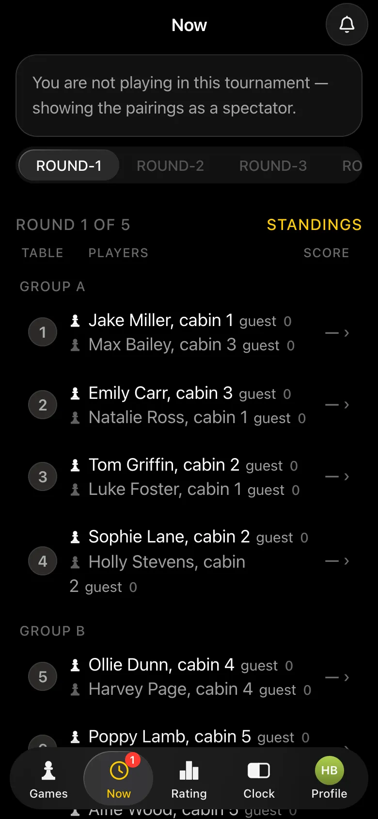 Round one: group A pairings on tables 1-4 with each child's cabin in the name
