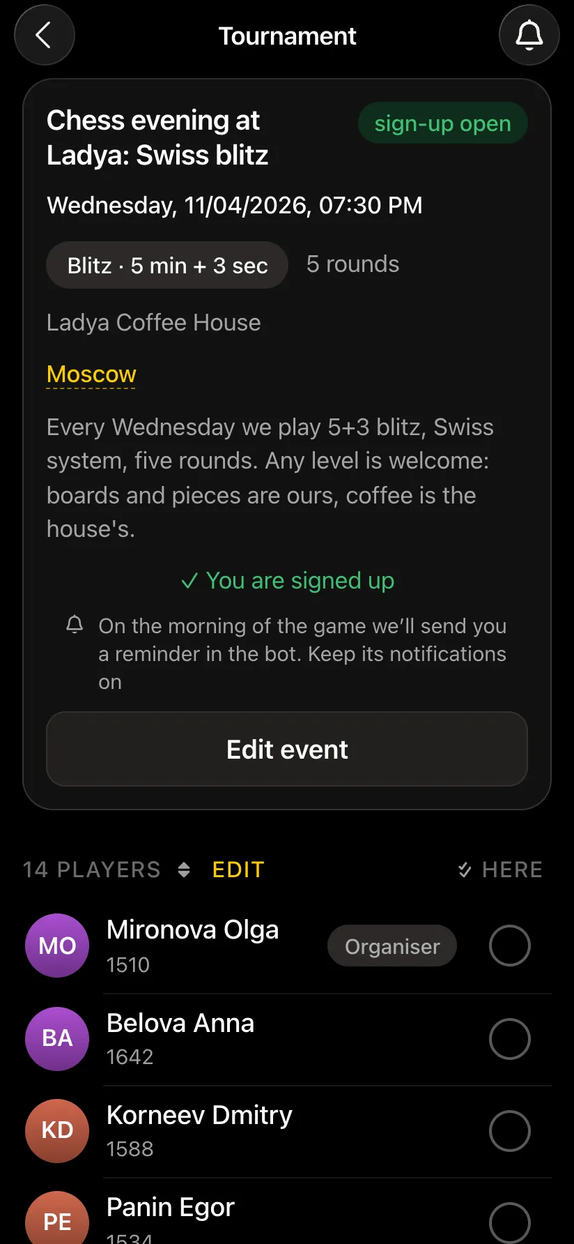 Tournament card: date, control, description, list of players
