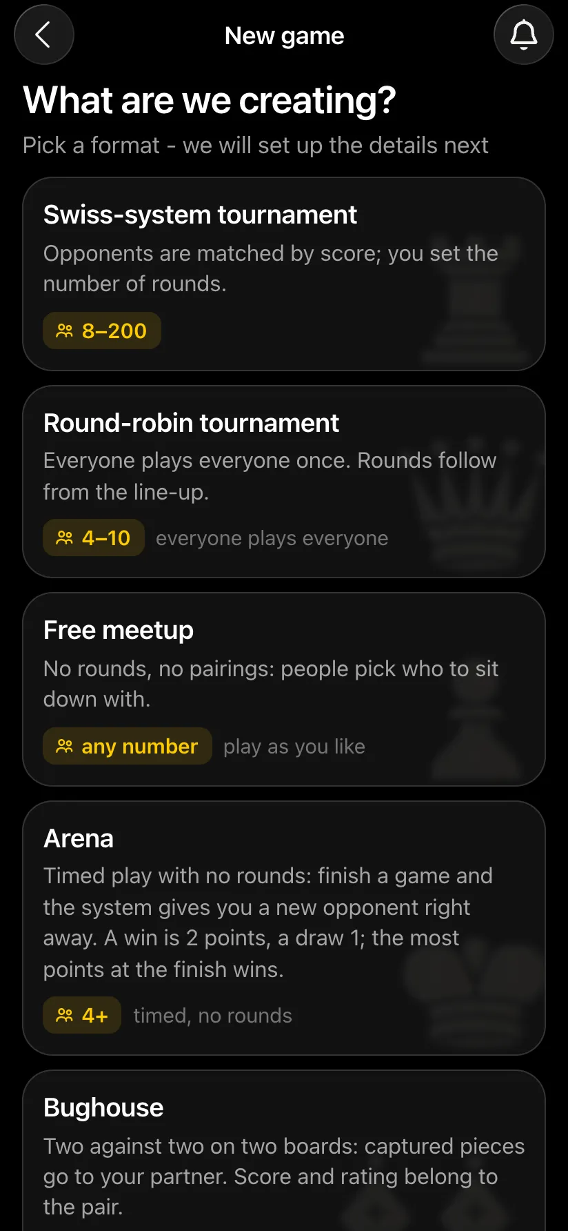 The New game screen: Swiss-system tournament, round robin, free meetup, arena, bughouse