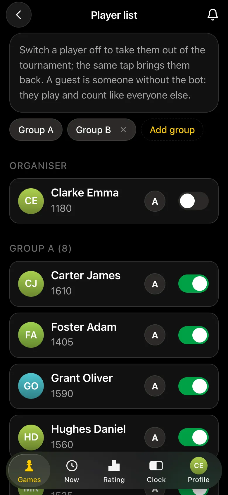 Line-up split into groups: organiser Emma Clarke unticked, Group A of eight experienced players with ratings - Carter James, Foster Adam, Grant Oliver, Hughes Daniel, Mitchell Ryan, Reed Michael, Turner Sophie, Wright Thomas
