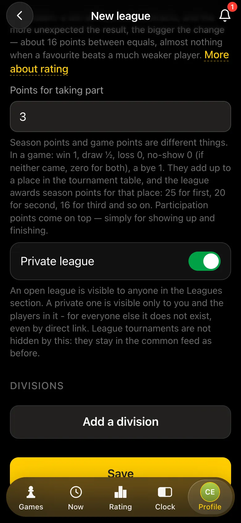 League form "Company Chess League": 3 points for taking part, the "Private league" switch is on