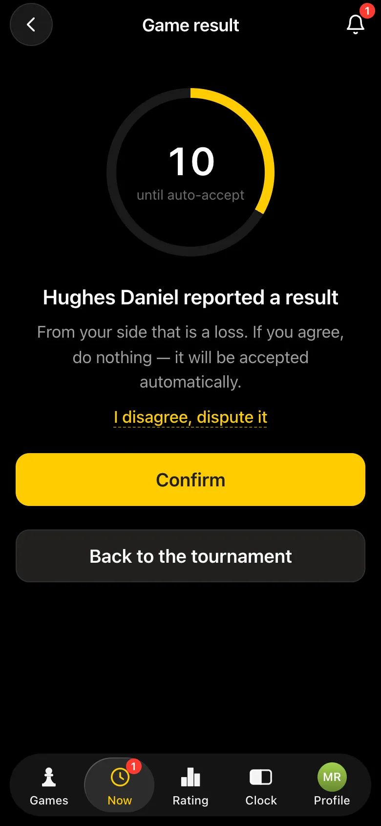 Opponent's screen: "Hughes Daniel reported a result", buttons "I disagree, dispute it" and "Confirm", countdown until auto-accept