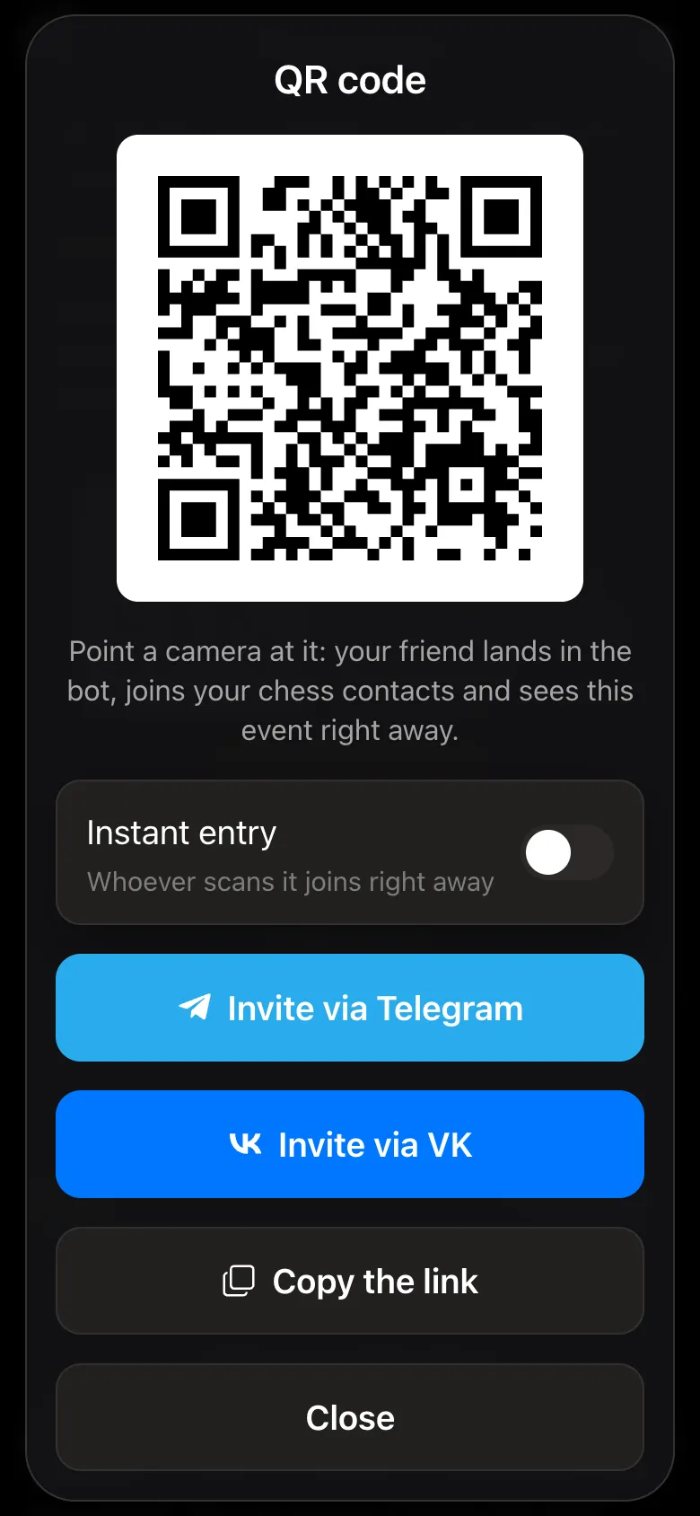 QR code window: "Instant entry", "Invite via Telegram", "Invite via VK", "Copy the link"