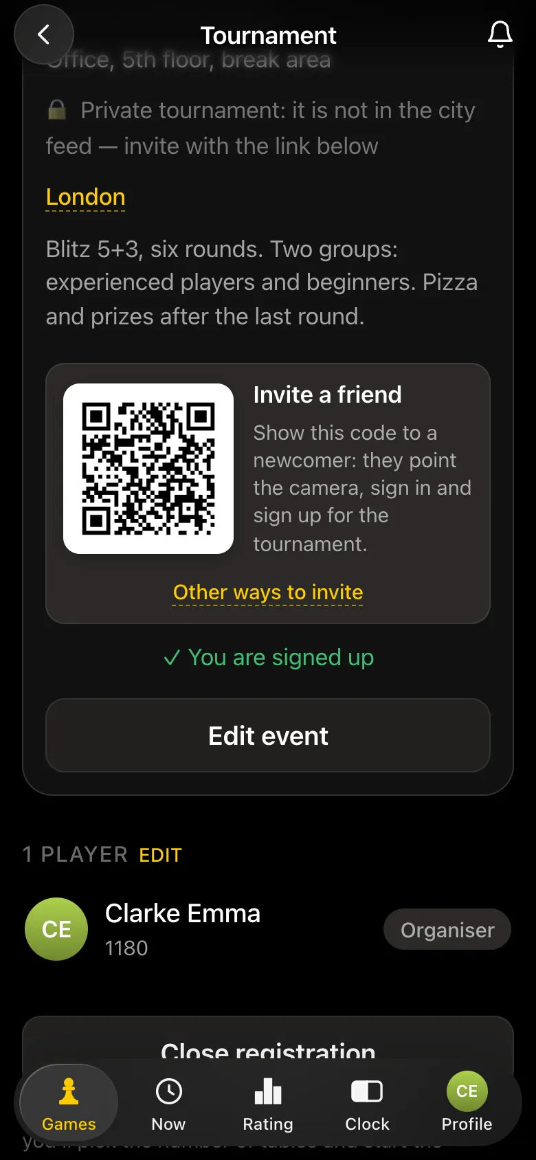 Private tournament card: the "Private tournament" label and the "Invite a friend" QR code