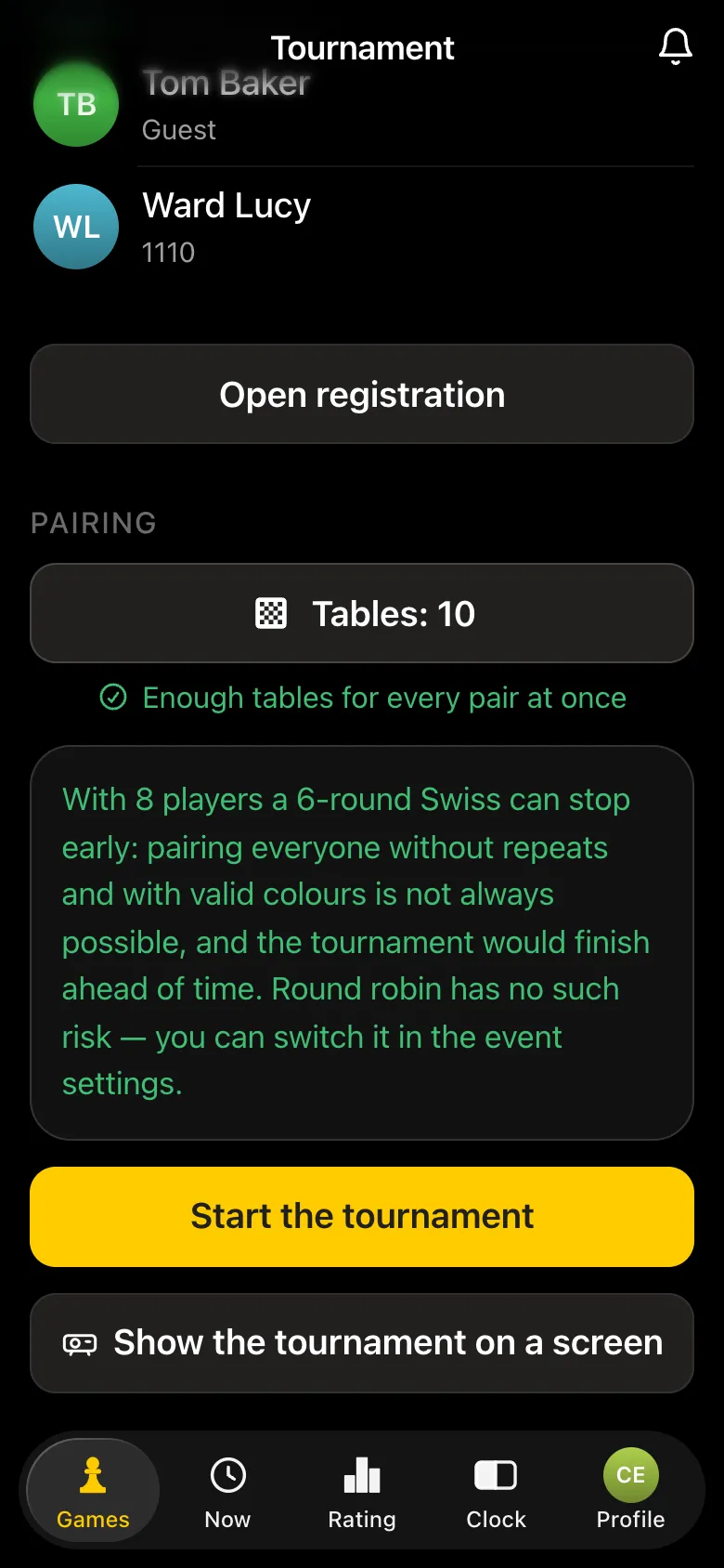 Pairings block: "Tables: 10 - Enough tables for every pair at once" and the app's warning that with 8 players a 6-round Swiss can stop early, while round robin has no such risk