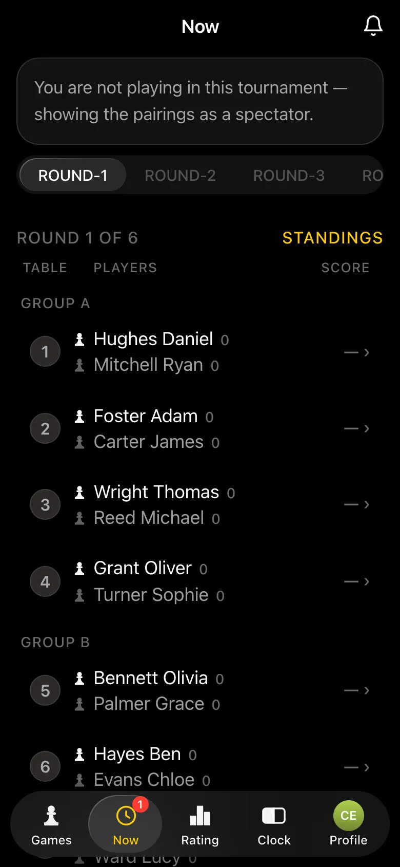 Round 1 on the organiser's screen: Group A pairings at tables 1-4, Group B after them