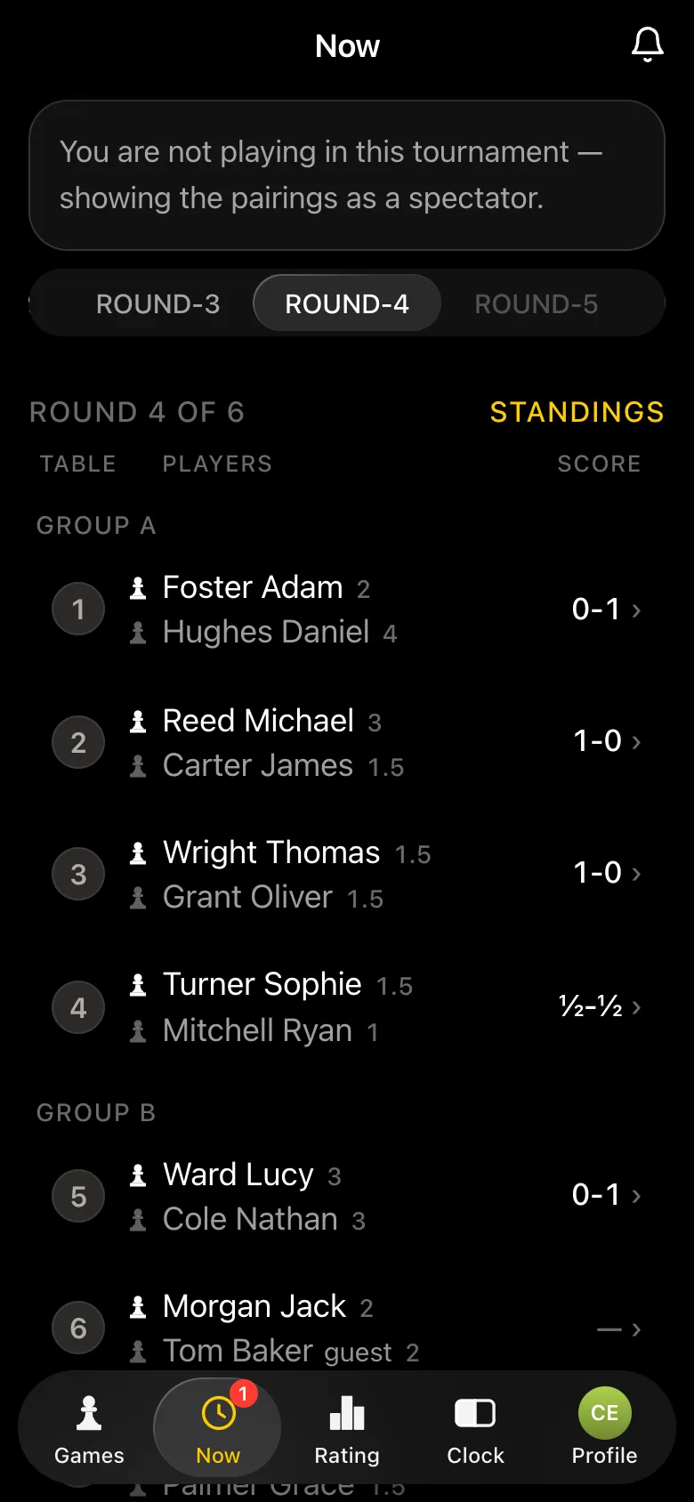Round 4 of 6 on the organiser's screen: Group A results entered, Group B still playing