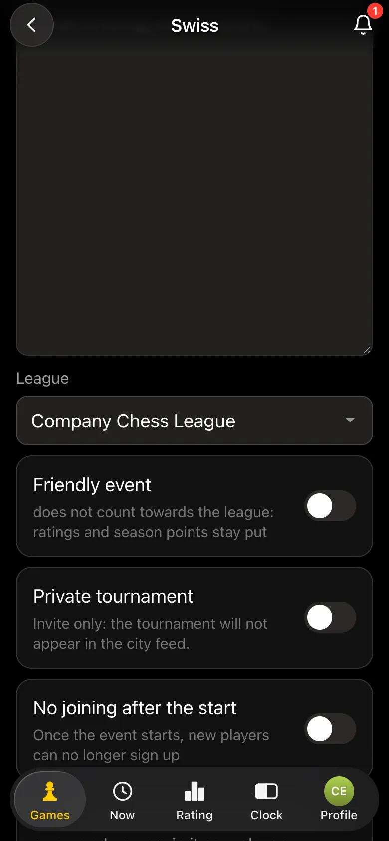 Tournament form: the "League" field set to "Company Chess League", toggles "Friendly event" and "Private tournament"
