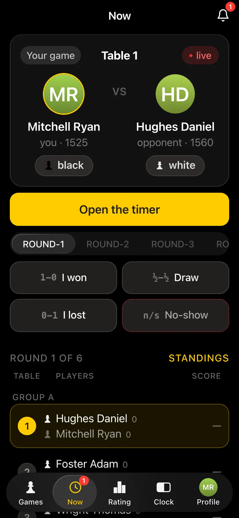 Employee's "Your game" screen: Table 1, Mitchell Ryan with black against Hughes Daniel with white, buttons I won, Draw, I lost, No-show and "Open the timer"
