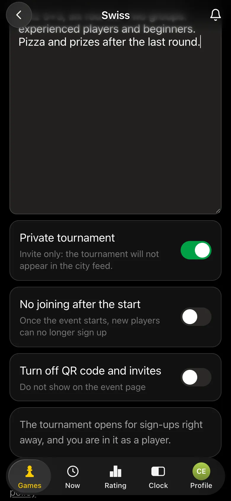 The "Private tournament" switch is on: invite-only access, the tournament will not appear in the city feed
