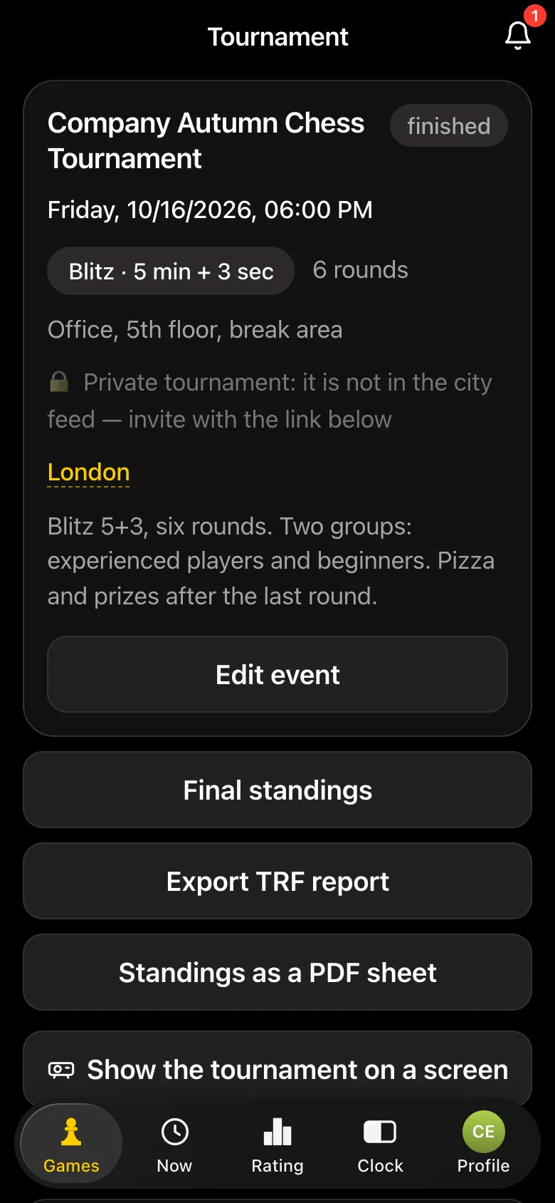 Finished tournament card with the buttons "Final standings", "Export TRF report", "Standings as a PDF sheet", "Show the tournament on a screen"