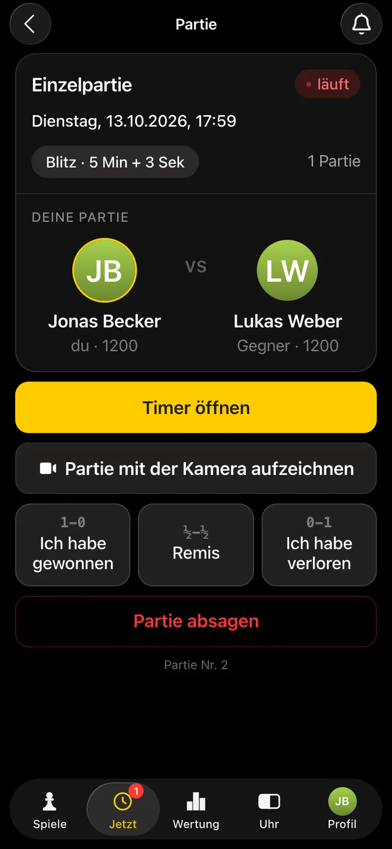 Bildschirm der Partie bei Jonas: „Partie mit der Kamera aufzeichnen“ unter „Timer öffnen“