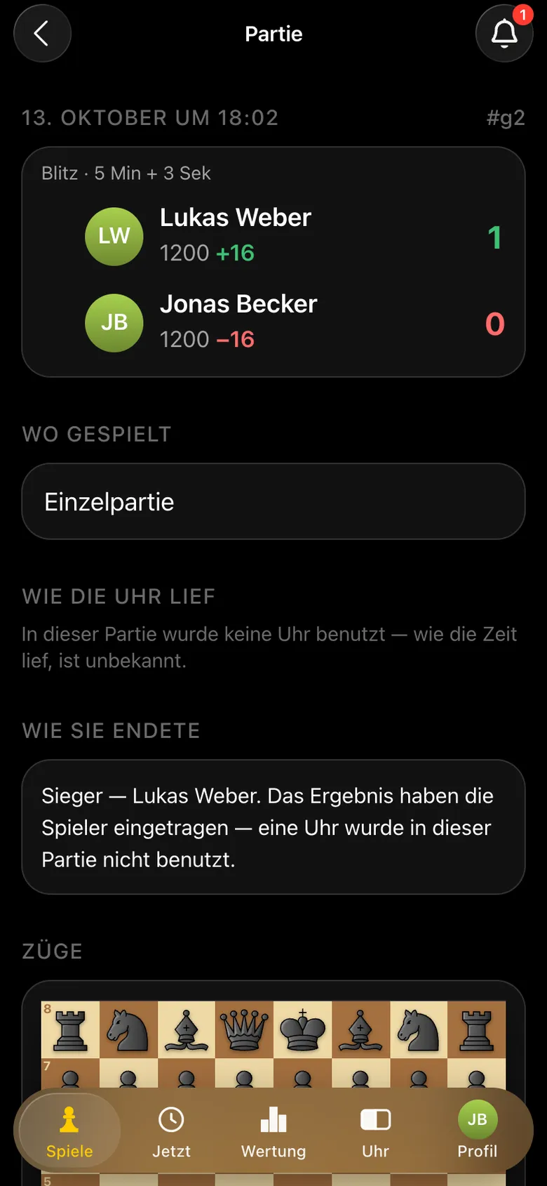 Partiekarte: Lukas Weber 1, Jonas Becker 0, Wertungsänderung +16 und -16