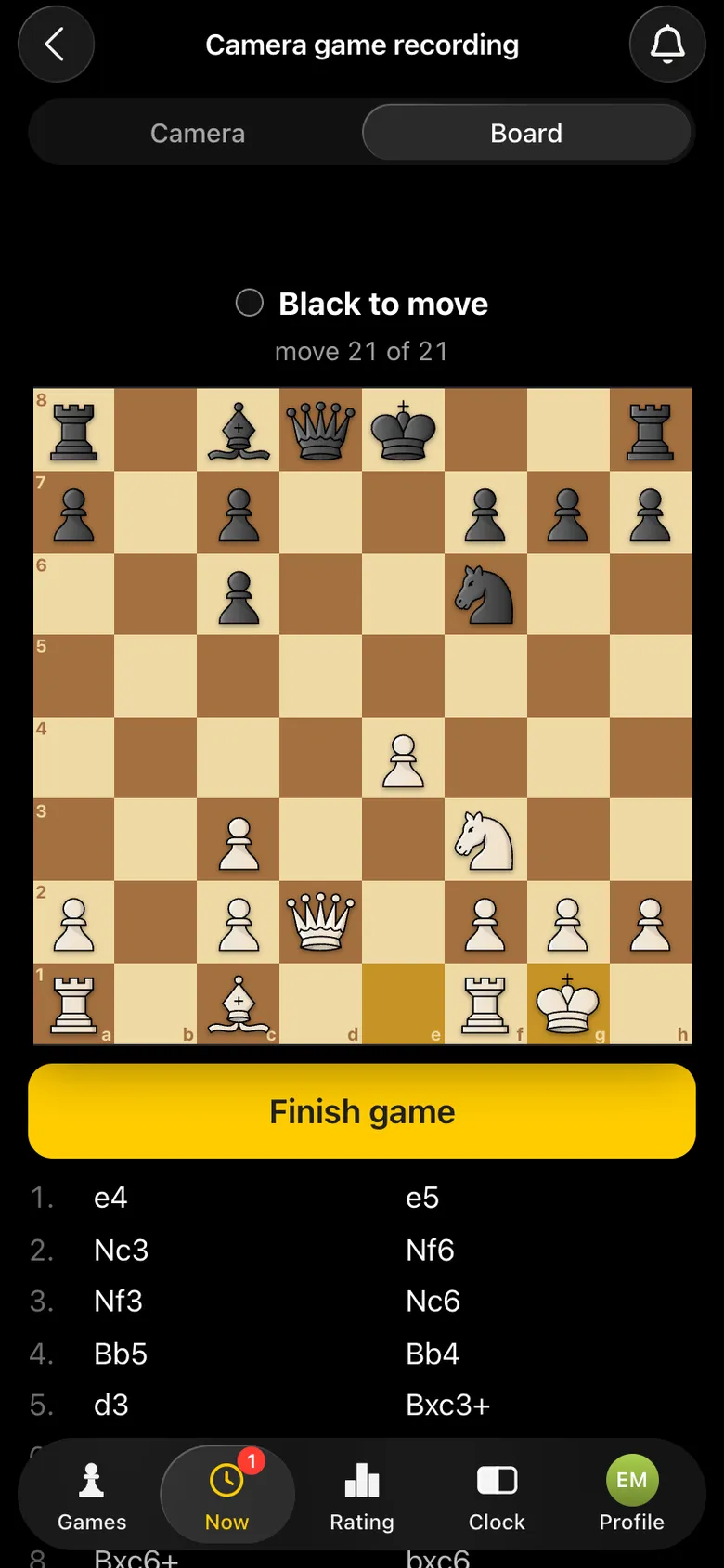 The “Board” tab: the position after 21 moves, Black to move, the last move highlighted