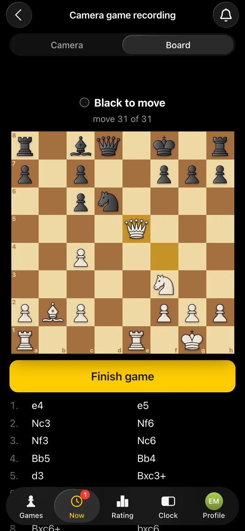 The “Board” tab: the position after 31 moves, the white queen on e5