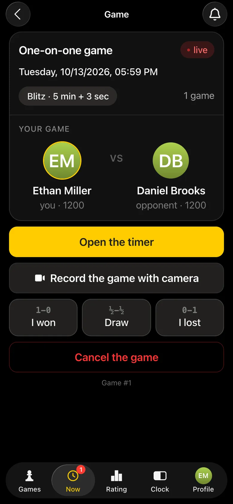 Ethan's game screen: “Record the game with camera” under “Open the timer”