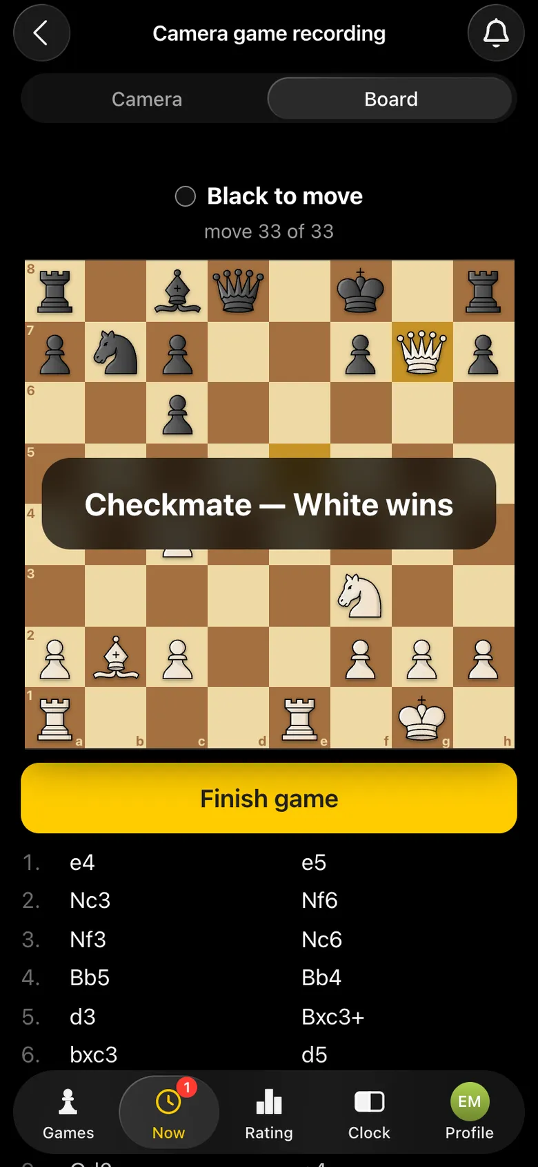 “Checkmate - White wins” over the board, move 33 of 33