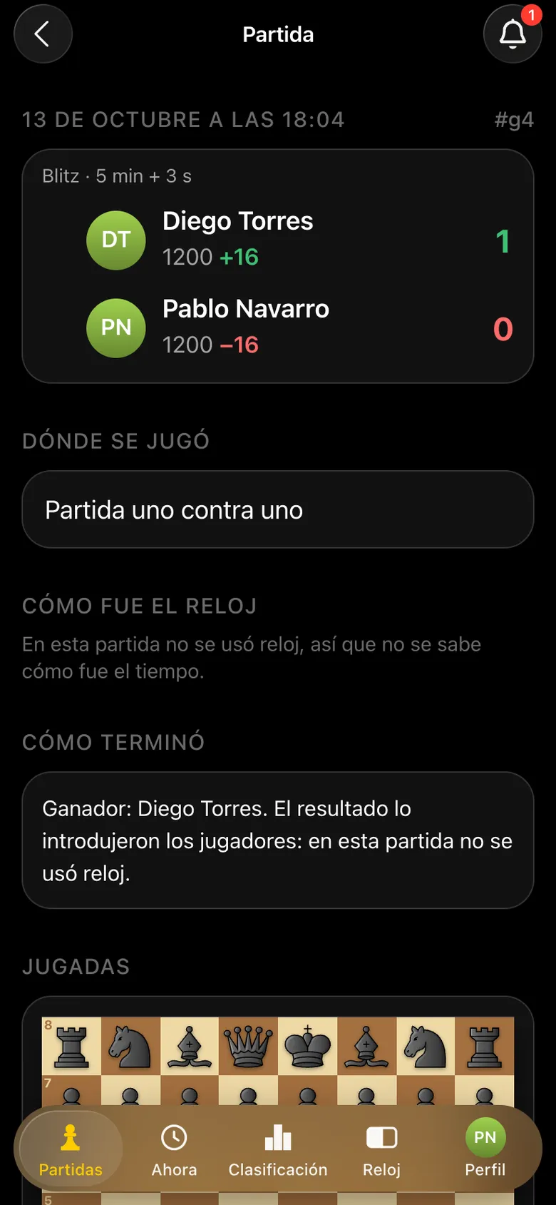 Ficha de la partida: Diego Torres 1, Pablo Navarro 0, blitz 5+3, cambio de puntuación