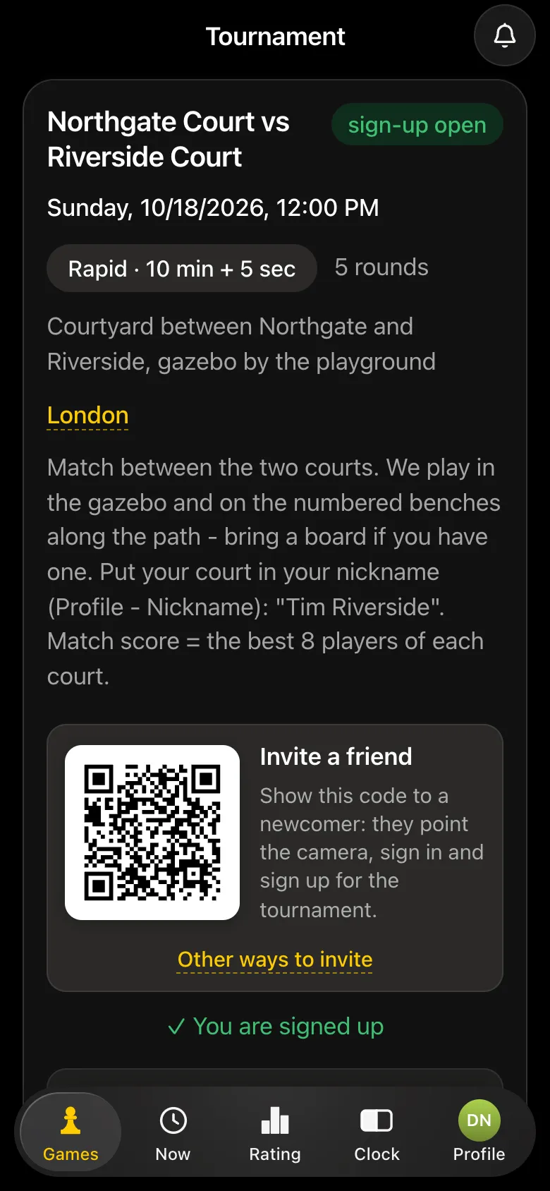 Tournament card Northgate Court vs Riverside Court: Sunday 12:00 PM, 10+5 rapid, 5 rounds, venue - courtyard between the buildings, gazebo by the playground, match rules in the description