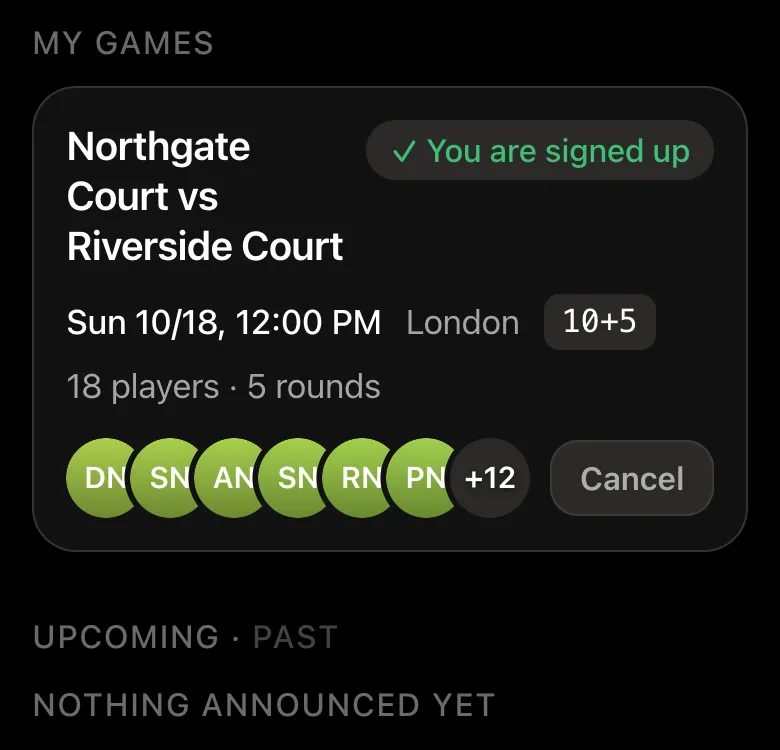 A neighbour's Games tab: the Northgate Court vs Riverside Court match card, 18 players, 5 rounds, You are signed up
