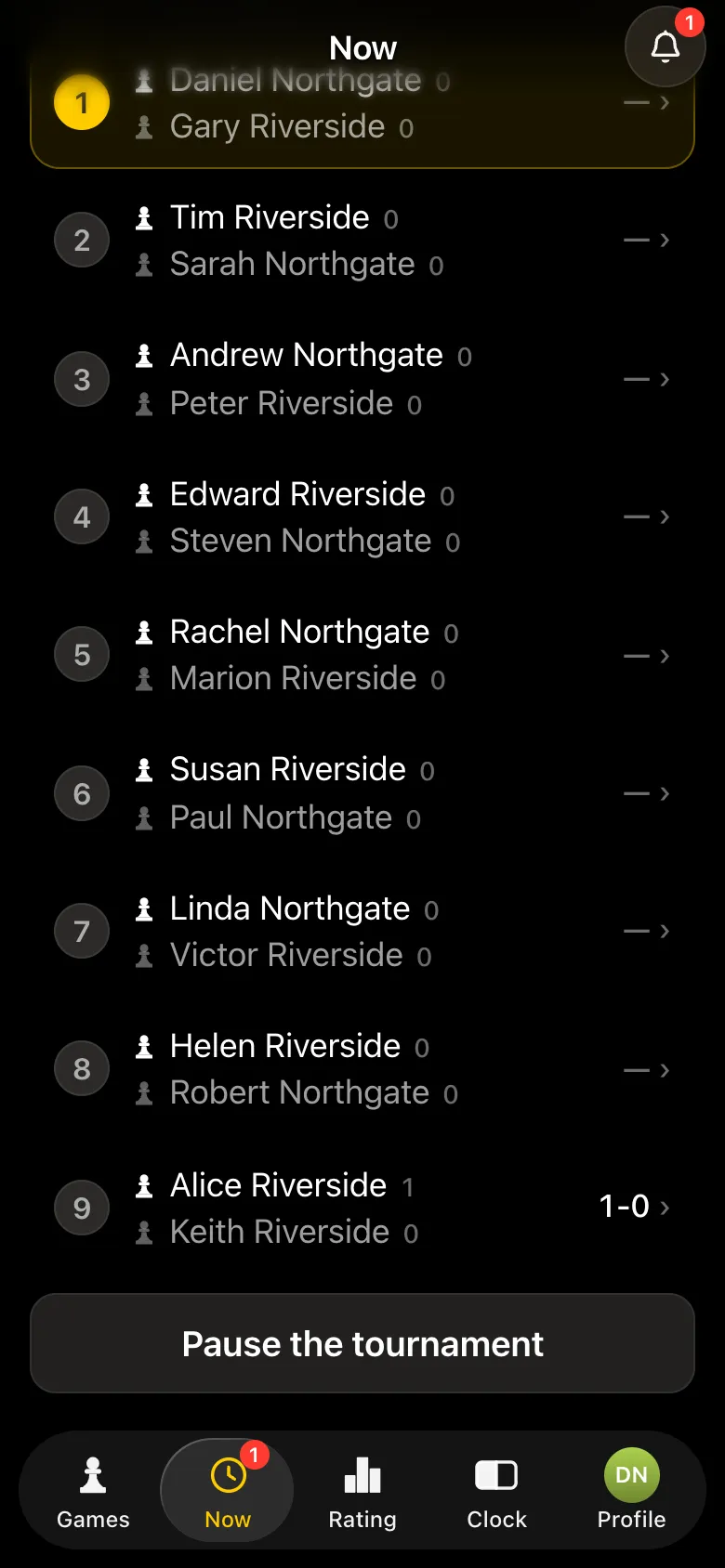 Round one: Alice Riverside and Keith Riverside from the same building at one board, result already in