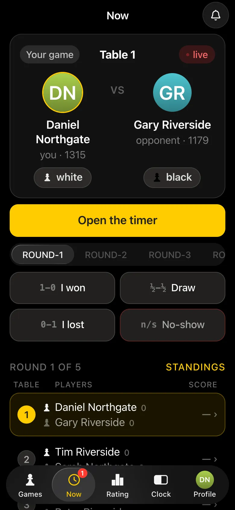 Round one on the organiser's screen: their game on table 1 against Gary Riverside and the round pairings with neighbours' nicknames