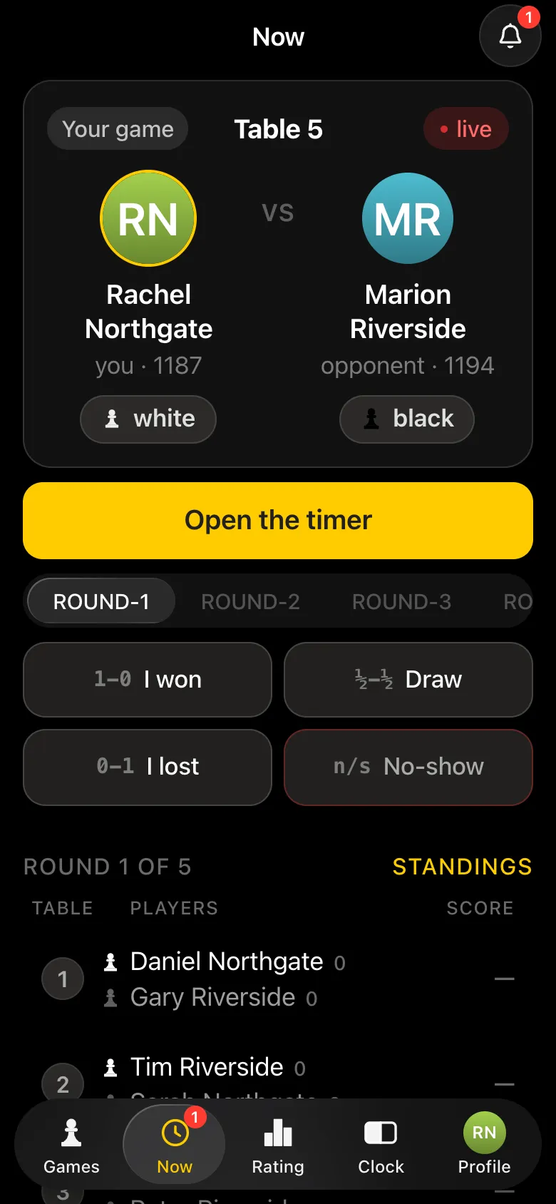 A neighbour's screen: table 5, Rachel Northgate against Marion Riverside, timer and result buttons