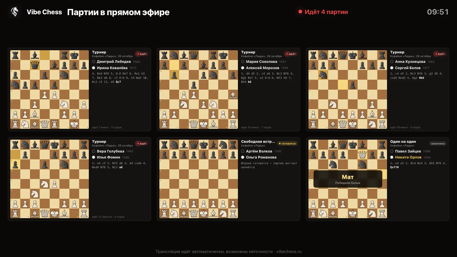 The broadcast platform: six boards - a tournament, a free meetup and a one-on-one game, players with ratings, moves and a checkmate result