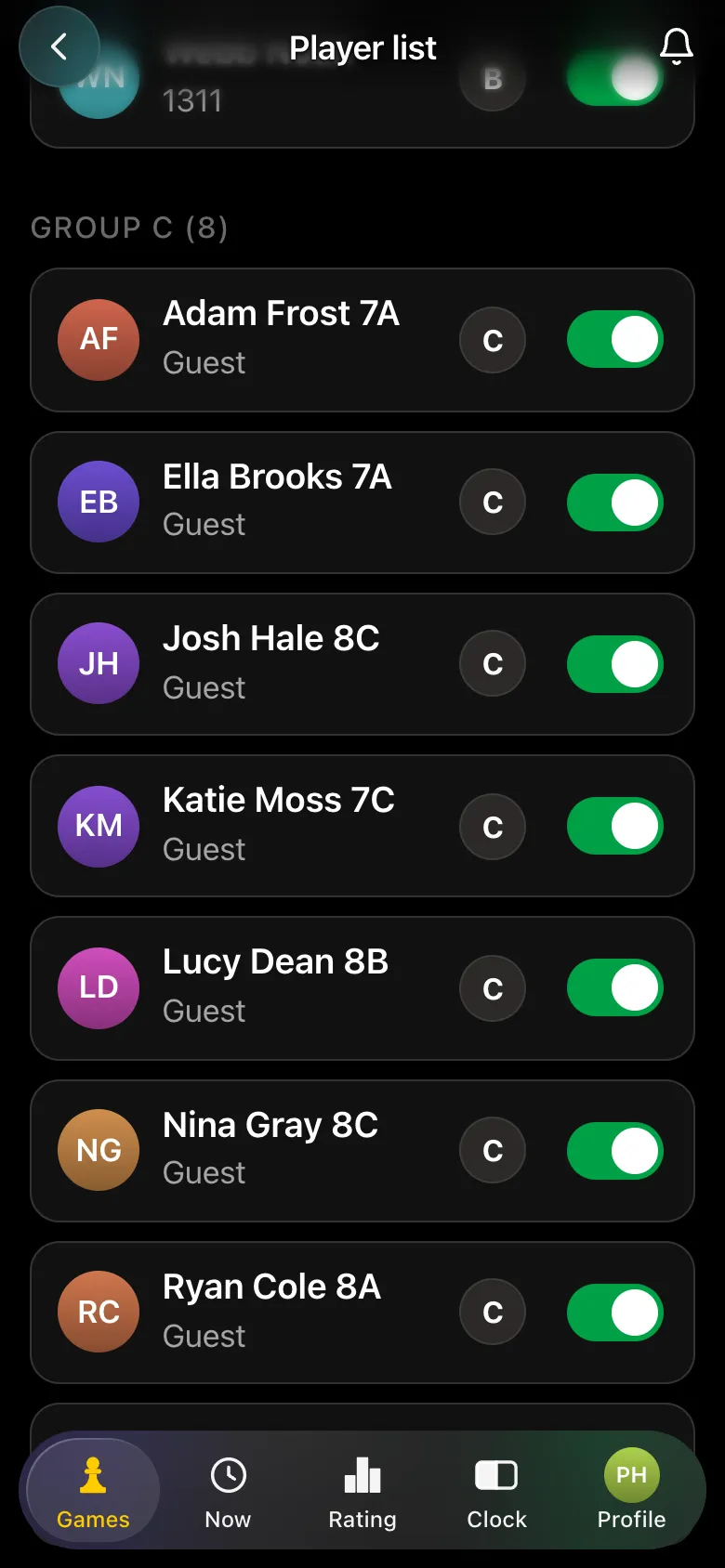 Group C: eight Year 7 and Year 8 pupils added as guests with their form in the name