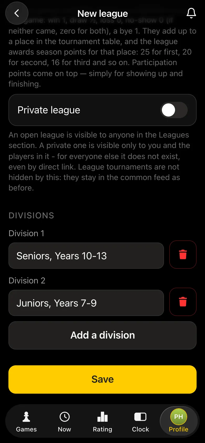 League form: divisions Seniors, Years 10-13 and Juniors, Years 7-9