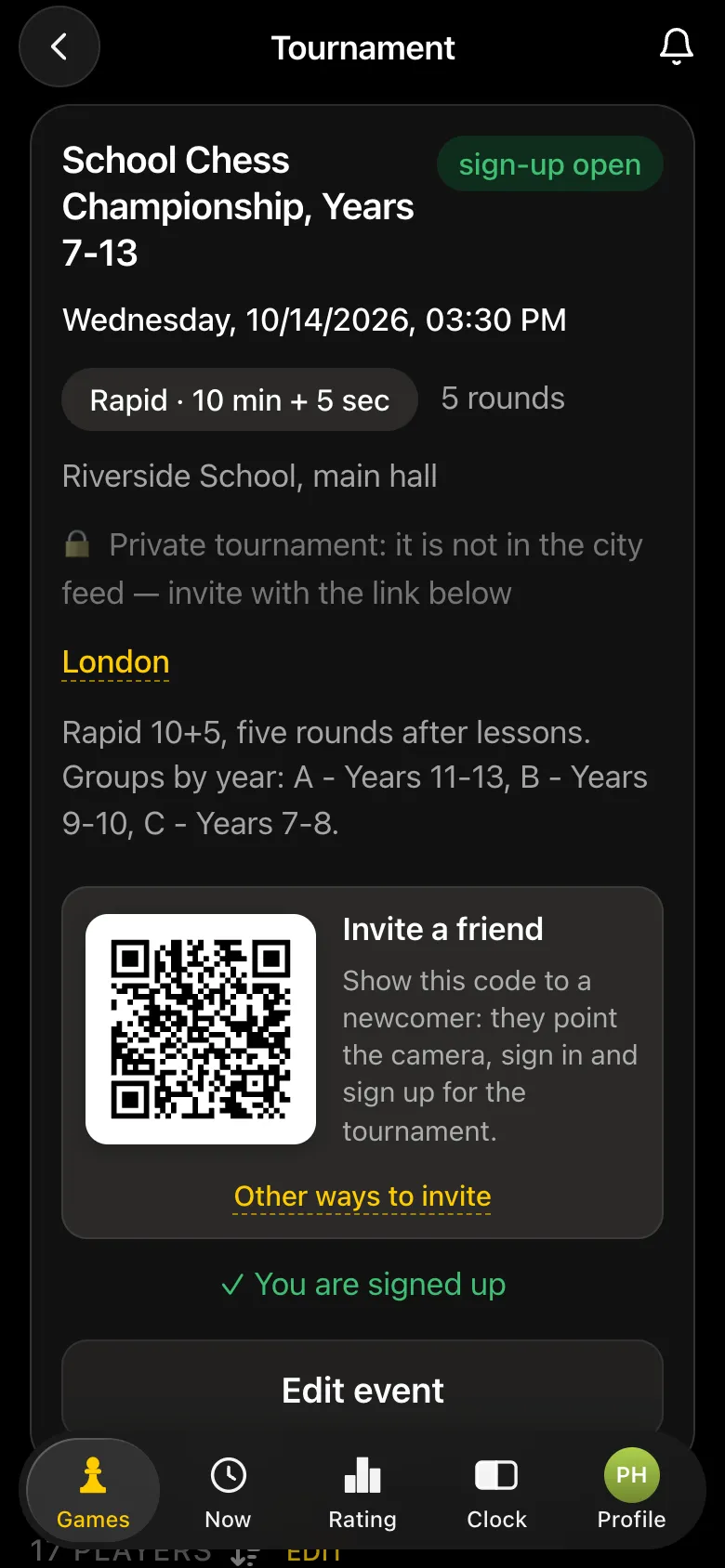 Tournament card School Chess Championship, Years 7-13: 10+5 rapid, private tournament, Invite a friend with a QR code