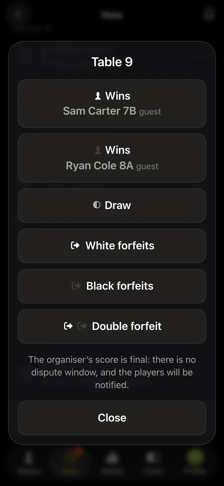 Result window for table 9 in group C: Sam Carter 7B wins, Ryan Cole 8A wins, draw, forfeits