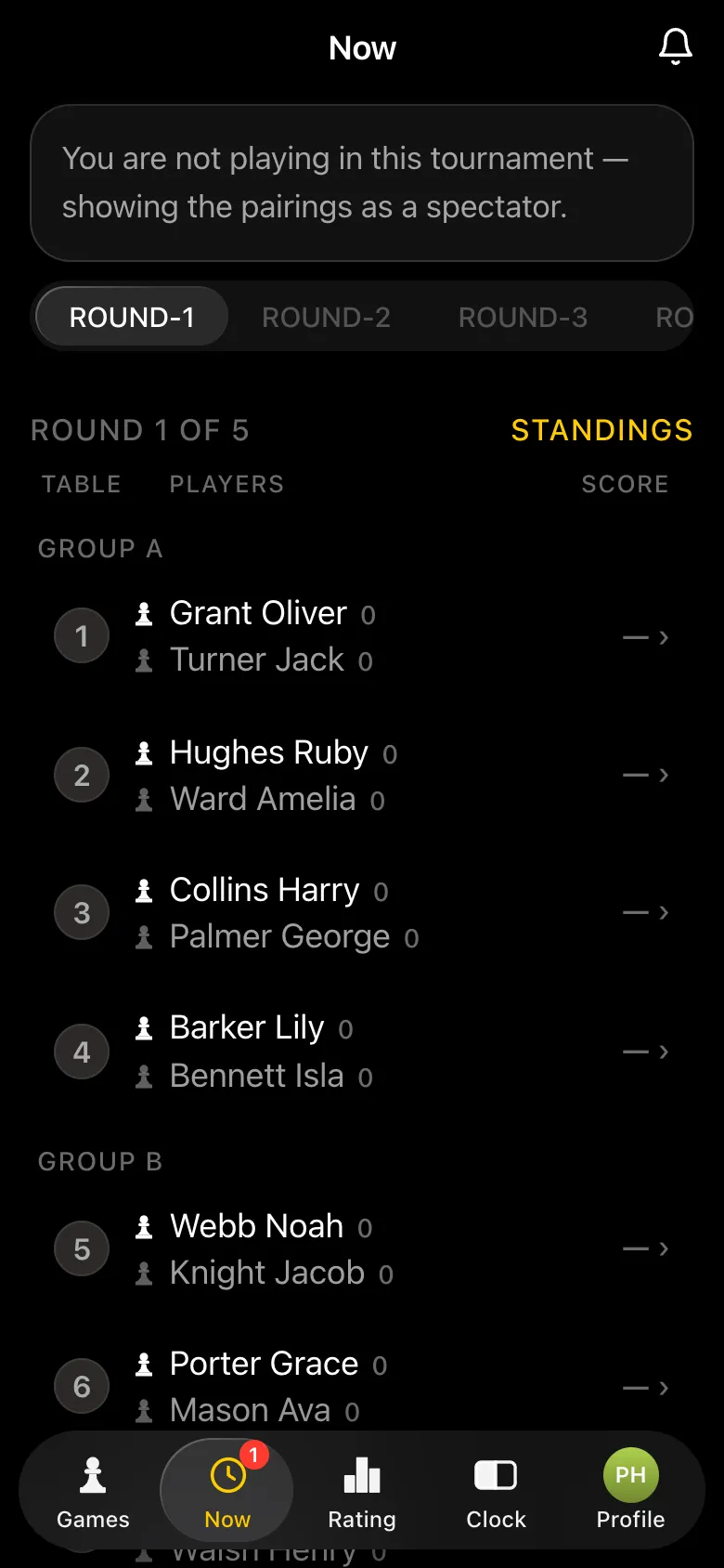 Round one on the teacher's screen: group A pairings on tables 1-4, group B after them