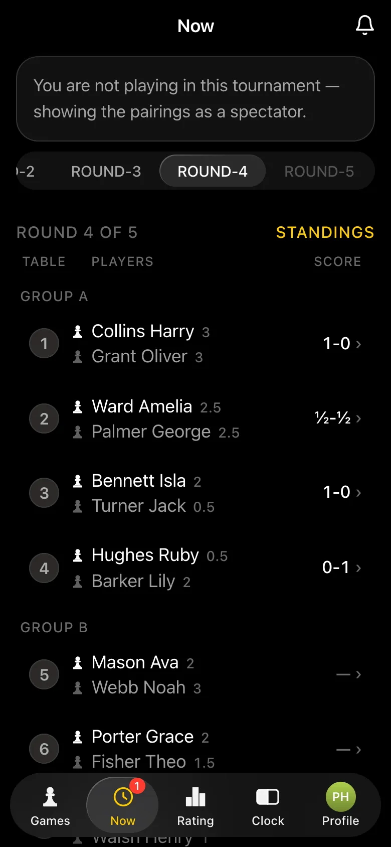 Round four on the teacher's screen: group A results are in, group B is still playing