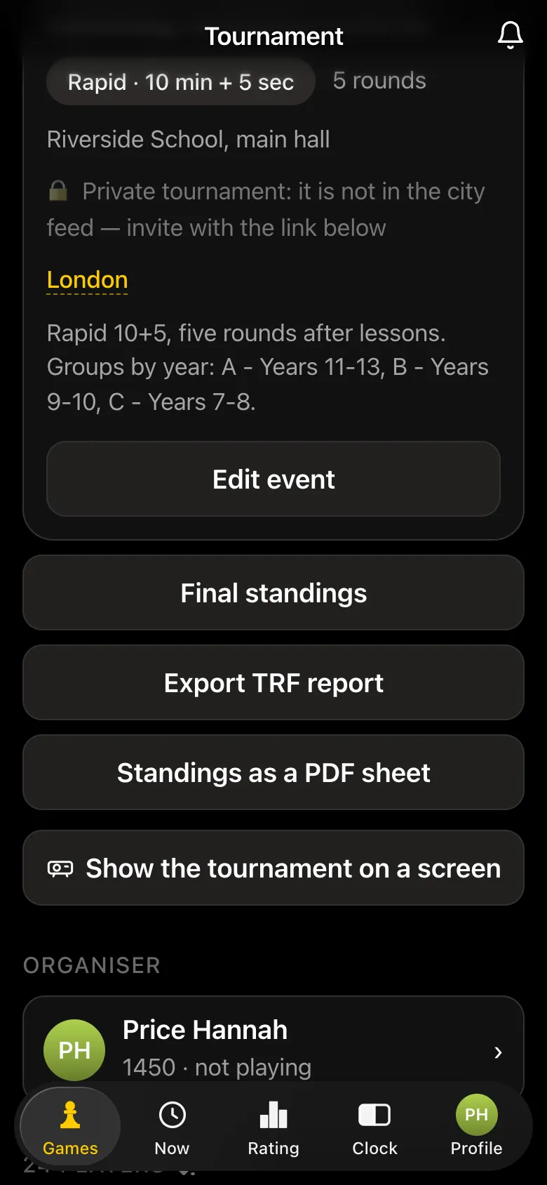 Finished school championship card with Final standings, Export TRF report, Standings as a PDF sheet